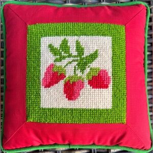 Handmade Vintage Small Needlepoint Pillow Strawberries